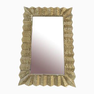 Mid-Century Murano Gold Color Glass and Brass Wall Mirror, 2000s