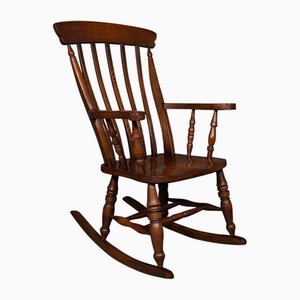 Antique English Oak & Beech Lath Back Rocking Chair, 1900s