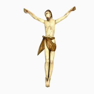 Großes polychromes geschnitztes Corpus Christi Kruzifix aus Mitteleuropa, 15. Jh., Lindenholz