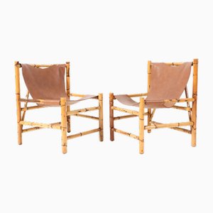 Mid-Century Modern Bamboo Lounge Chairs with Leather Upholstery, 1970s, Set of 2