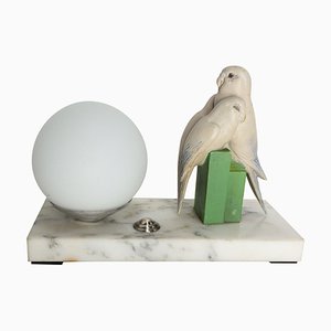 French Art Deco Marble Table Lamp with Parakeets, 1930s