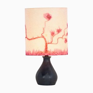 Table Lamp with Black Ceramic Base and a Silk Lampshade, 1970s