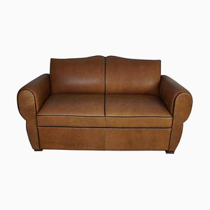 French Art Deco Moustache Back Club 2-Seater Sofa in Leather, 1940s