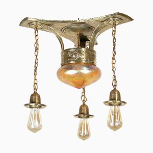 Lampe à Suspension Art Nouveau avec Verre Irisé de Loetz, 1900s
