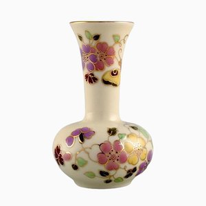 Cream-Colored Porcelain Vase with Hand-Painted Flowers from Zsolnay