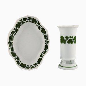 Vase Lierre Vert et Bol en Porcelaine Peinte à la Main de Meissen, 1940s, Set de 2