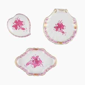 Kleine rosa indische Porzellanteile mit lila Blüten von Herend, 3 . Set