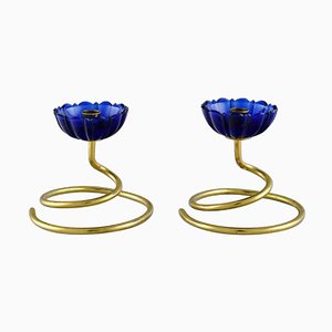 Candleholders in Brass and Blue Art Glass by Gunnar Ander for Ystad Metall, 1950s, Set of 2