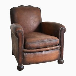 Antique French Leather Club Chair, 1930s