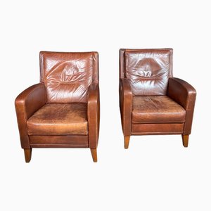 Vintage Club Chairs in Brown Leather, Set of 2