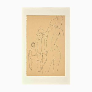 Schiele, L'artista che disegna una modella nuda davanti allo specchio, Litografia
