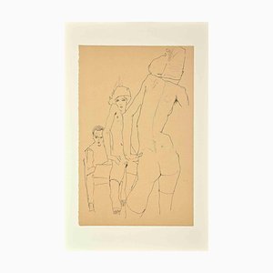 Schiele, The Artist Drawing Modèle Nu devant un Miroir, Lithographie