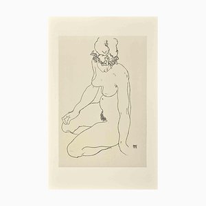 Schiele, Kneeling Female Nude Turning to the Right, Lithograph