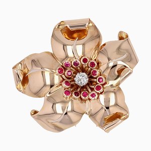 18 Karat French Ruby Diamond and Rose Gold Flower Clip Brooch, 1950s
