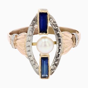 Art Deco 18 Karat Rose White Gold and Pearl Sapphire Ring, 1925