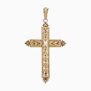 20th Century 18 Karat French Rose Green Gold Cultured Pearl Cross, 1890s