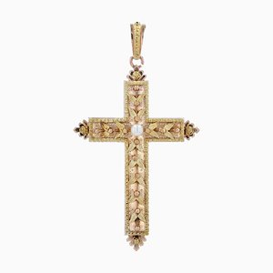 20th Century 18 Karat French Rose Green Gold Cultured Pearl Cross, 1890s