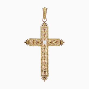 Croix du 20ème Siècle avec Perle de Culture en Or Rose 18 Carats, France, 1890s
