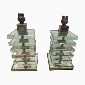 Modernist Art Deco Glass and Nickel Table Lamps from Maison Desny, France, 1930s, Set of 2