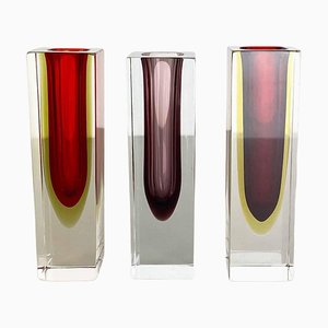 Faceted Murano Sommerso Glass Cube Vases, Italy, 1970s, Set of 3