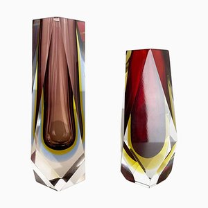 Faceted Murano Glass Sommerso Vases attributed to Flavio Poli, Italy, 1970s, Set of 2