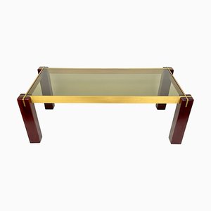 Rectangular Coffee Table in Wood, Brass and Smoked Glass, Italy, 1960s