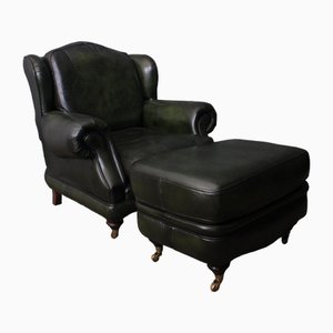 Chesterfield Library Chair and Footstool in Green Leather by Thomas Lloyd, Set of 3