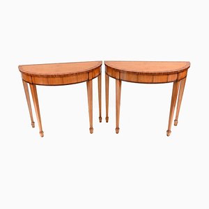 Regency Satinwood Demi Lune Hall Console Tables, Set of 2