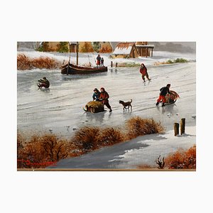Artista fiammingo, Paesaggio invernale, Dipinto ad olio, Incorniciato