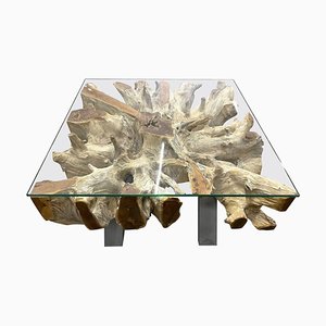 Modern Organic Teak Root Coffee Table with Glass Plate, 2022