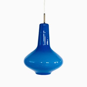Lampe à Suspension en Verre Bleu Opalin attribuée à Massimo Vignelli pour Venini Murano, Italie, 1950s