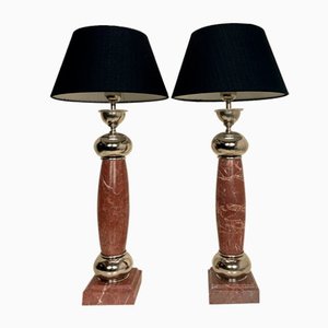 French Red Rosso Levanto Marble and Chrome Table Lamps, 1970s, Set of 2