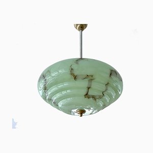 Art Deco Alabaster Style Glass Pendant Light in Green, 1940s