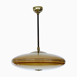Art Deco Pendant Light in Glass and Brass, 1940s
