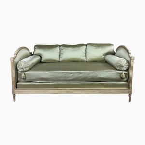 Louis XVI Sofa in Sculpted Wood & Beige and Green Satin, 1890s