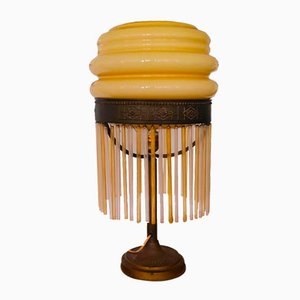 Large Art Deco Brass and Yellow Opaline Glass Table Lamp with Glass Fringe Tassels, 1940s