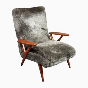 Vintage Scandinavian Armchair in Tinted Beech and Plush Fabrics, 1950s