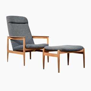 Mid-Century Swedish Modern Oak & Fabric Carlton Armchair with Ottoman from Ikea, 1963, Set of 2