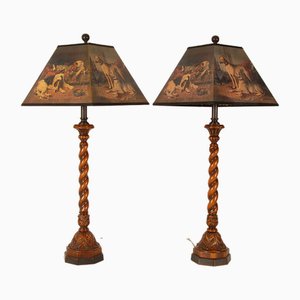 Vintage English Turned Oak Table Lamps with Hunting Dogs Scene from Maison Charles, Set of 2