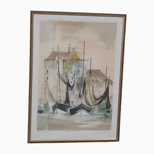 Claude Casati, Boats, Lithograph, 1980s, Framed