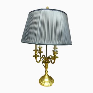 Large Lamp in Gilded Bronze with Pleated Silk Shade