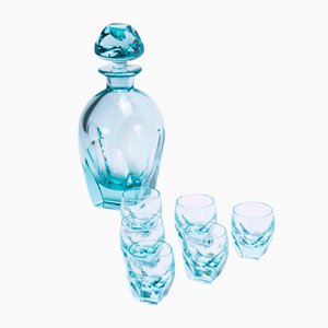 Juego de jarra y tumber de cristal tallado, años 70. Juego de 7