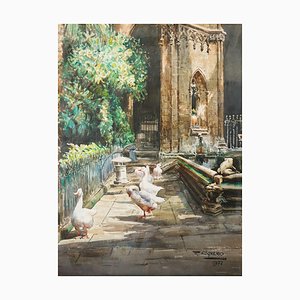 F. Clavero, Geese and a Stone Frog by a Cathedral Pond, 1970s, Large Watercolour