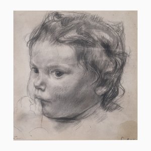 Carl Albert Angst, Portrait d'Enfant, Crayon sur Papier, Encadré