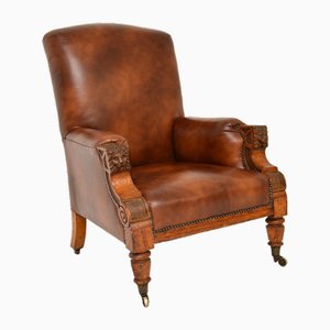 Antique Leather & Carved Oak Childs Armchair, 1880s