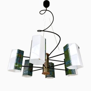 Mid-Century Brass Chandelier in Enamelled Metal attributed to Siva Poggibonsi, Italy, 1960s
