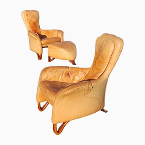 20th Century Sculptural Lounge Armchairs with Footstool, Set of 3