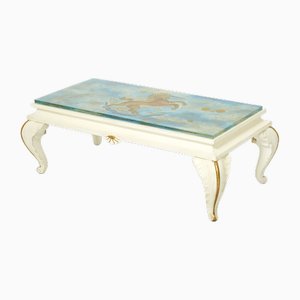 Mesa de centro de madera dorada y vidrio pintado de Maison Jansen, años 50