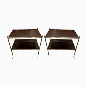 Mid-Century Brass & Faux Bamboo Side Tables with Leather Tops, 1950s, Set of 2