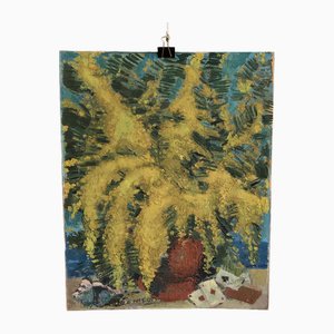 Percival Pernet, Bouquet de mimosa et jeux de carte, bouquet niçois, Huile sur Papier sur Carton